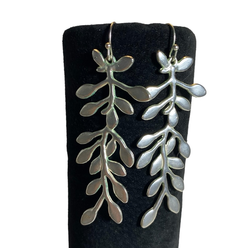Silver Tone Long Statement Earrings. Leaf, Fern D… - image 4